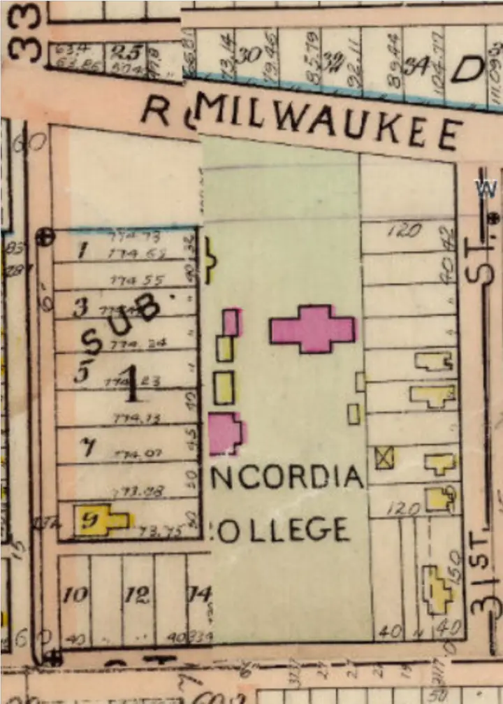 Old multicolored map depicting the original Concordia College buildings. The map is somewhat distorted.