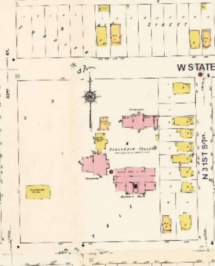 A map from 1910 that shows complete building outlines for the campus.