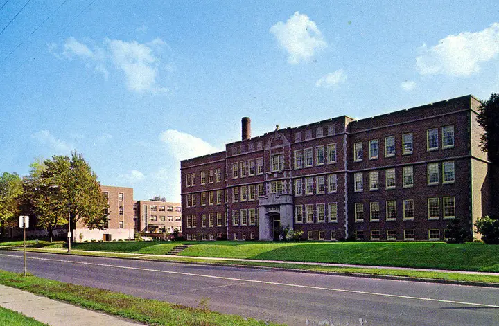 A view east at Wunder Dormitory and Pritzlaff Dormitory in the 1960's.