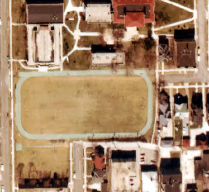 An aerial view of the Concordia campus showing a new track at the center.