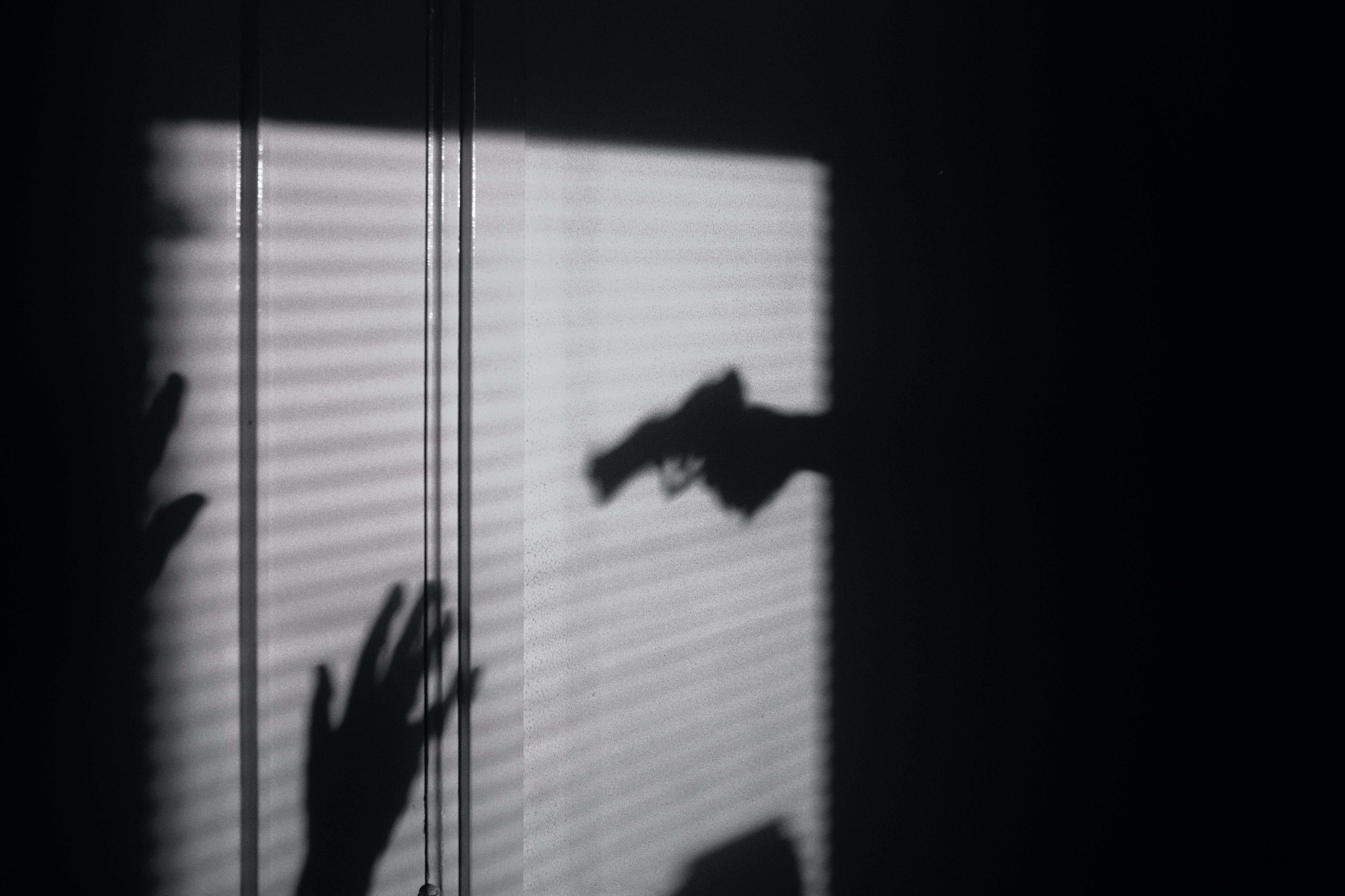 Shadow on a home wall showing a gun pointed at a person with raised hands