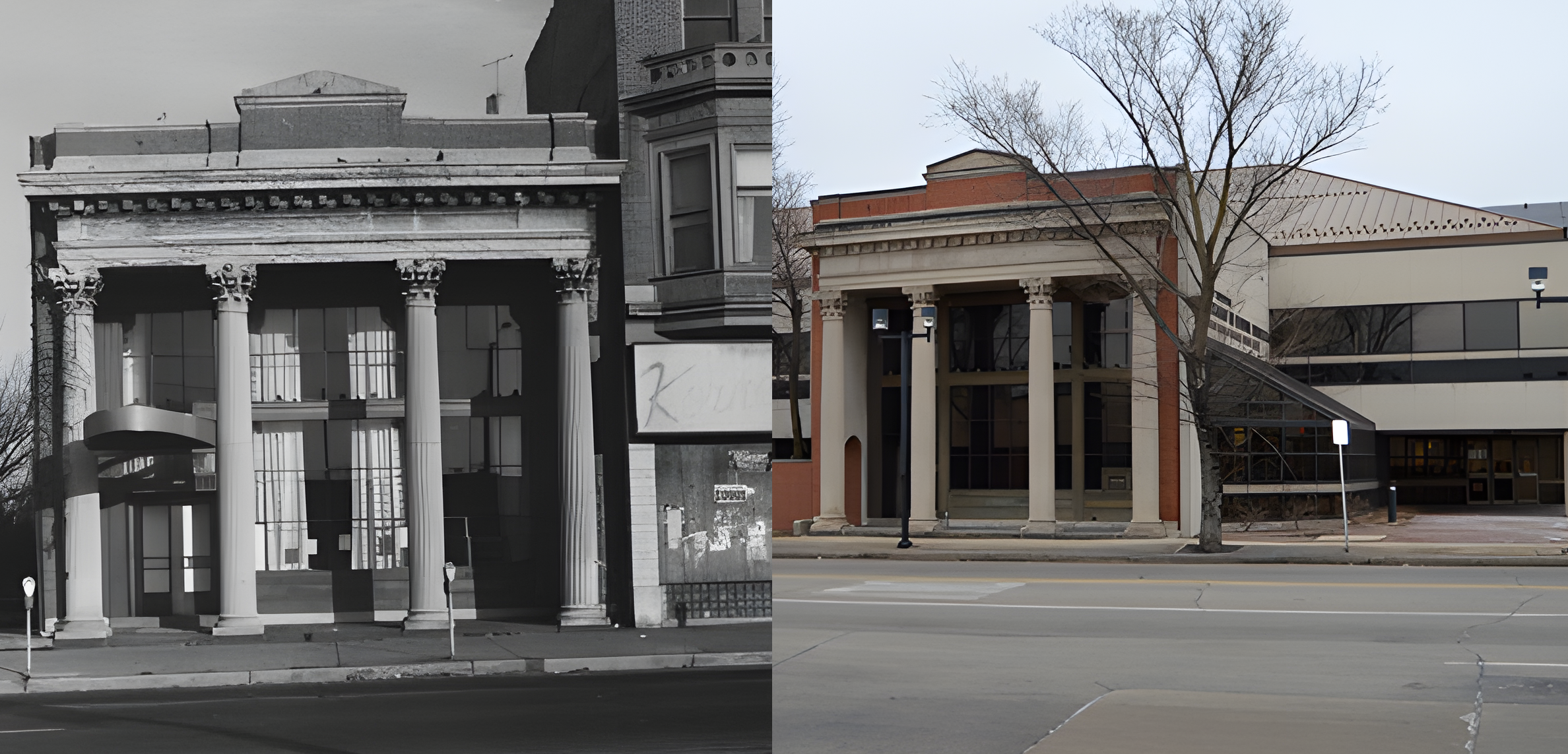 Combined picture showing the main facade early in the 20th century next to today.