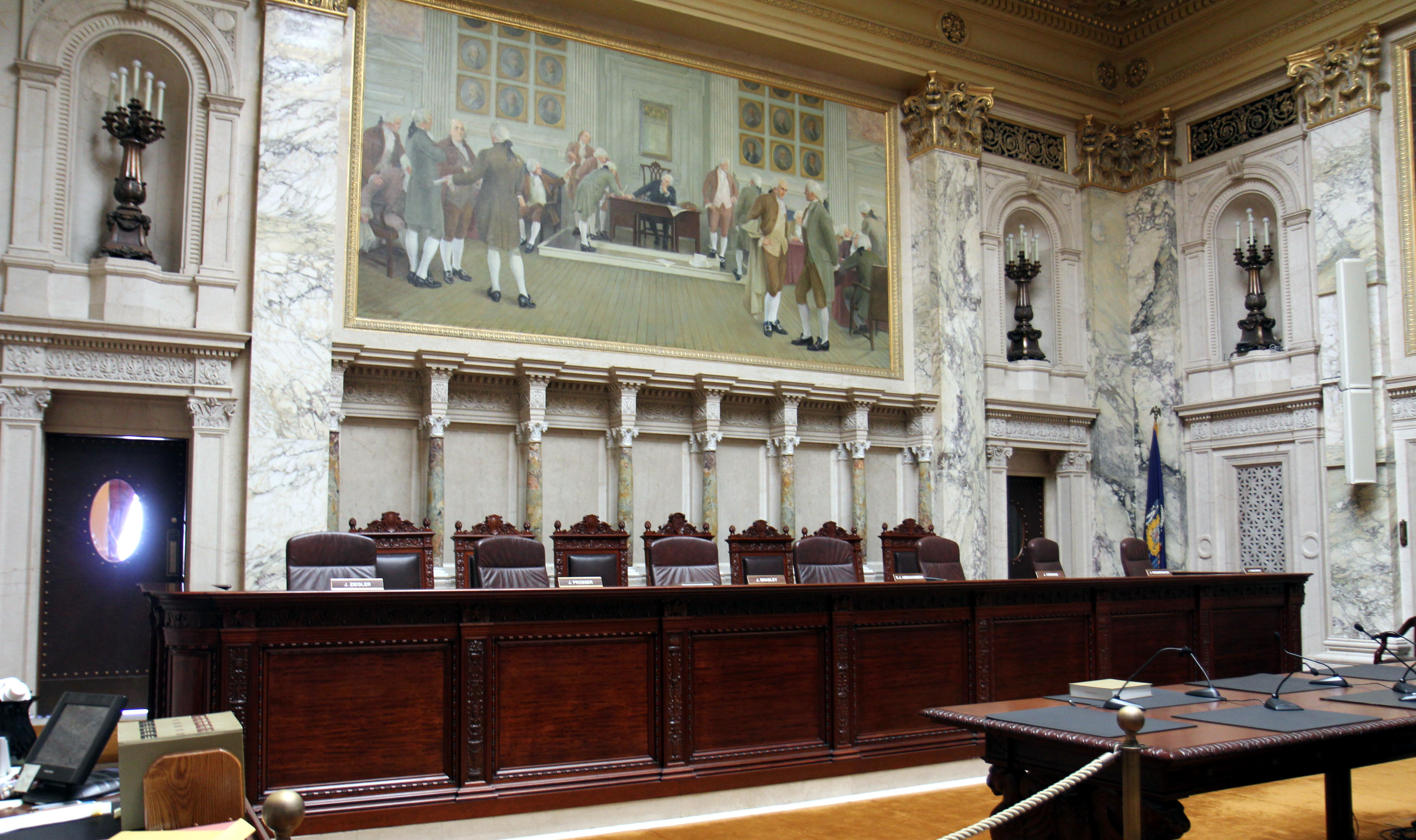 Court room of the Wisconsin Supreme Court in Madison's state capitol building.