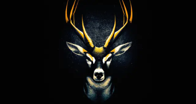 Dark background with solemn buck at the center.