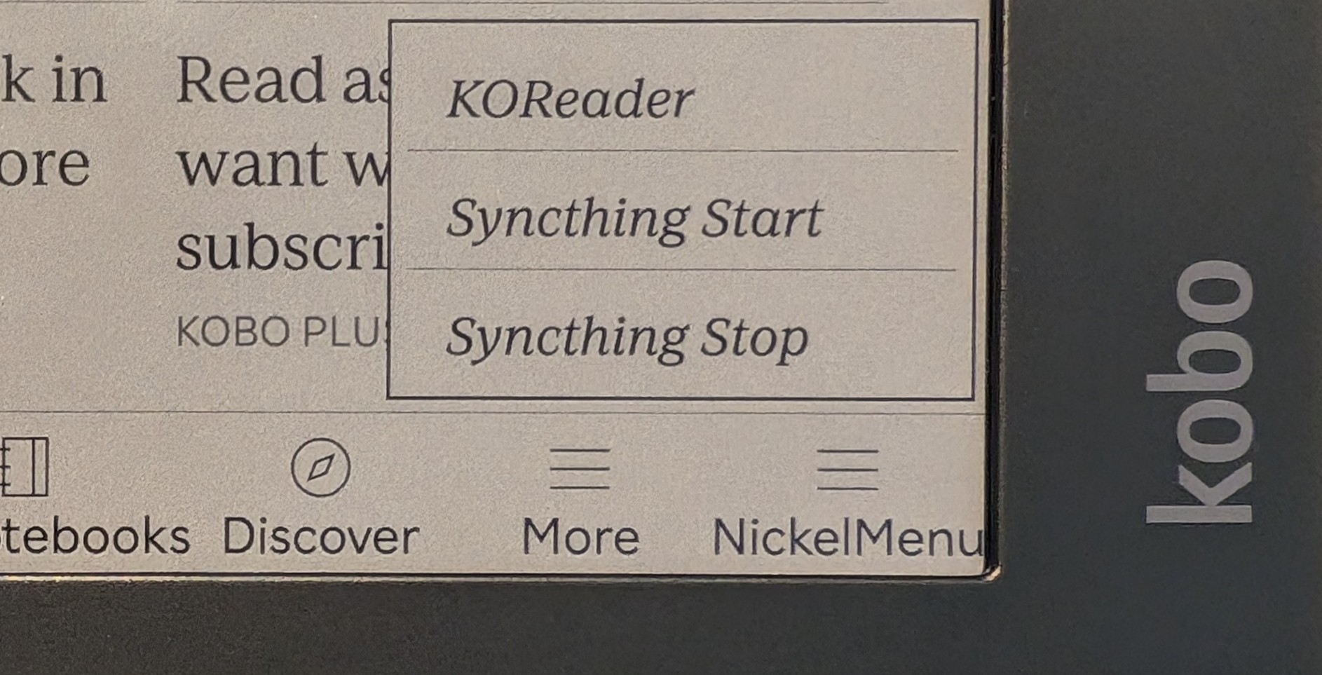 Kobo screen with NickMenu open showing KOReader, Syncthing Start, and Syncthing Stop menu items.