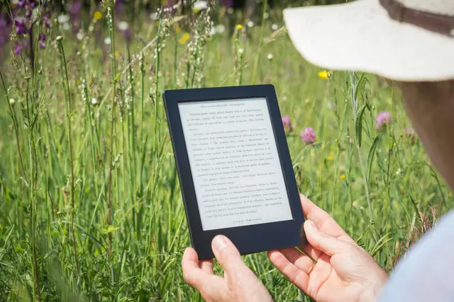 In front of a meadow, a person holds an eReader with two hands.